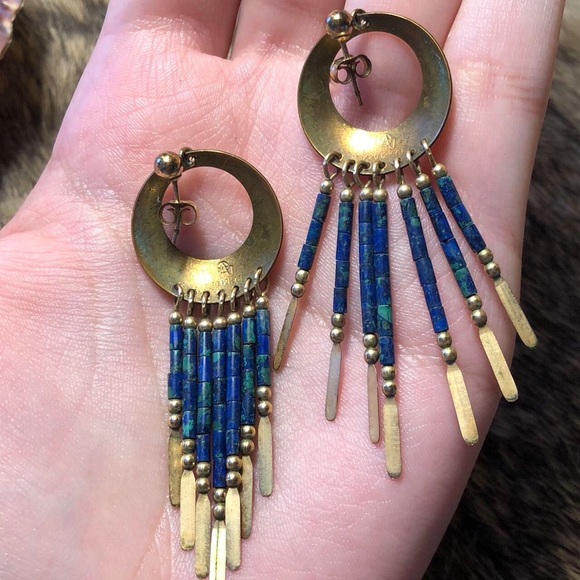 12k gold filled Native American fringe azurite earrings - Picture 3 of 3